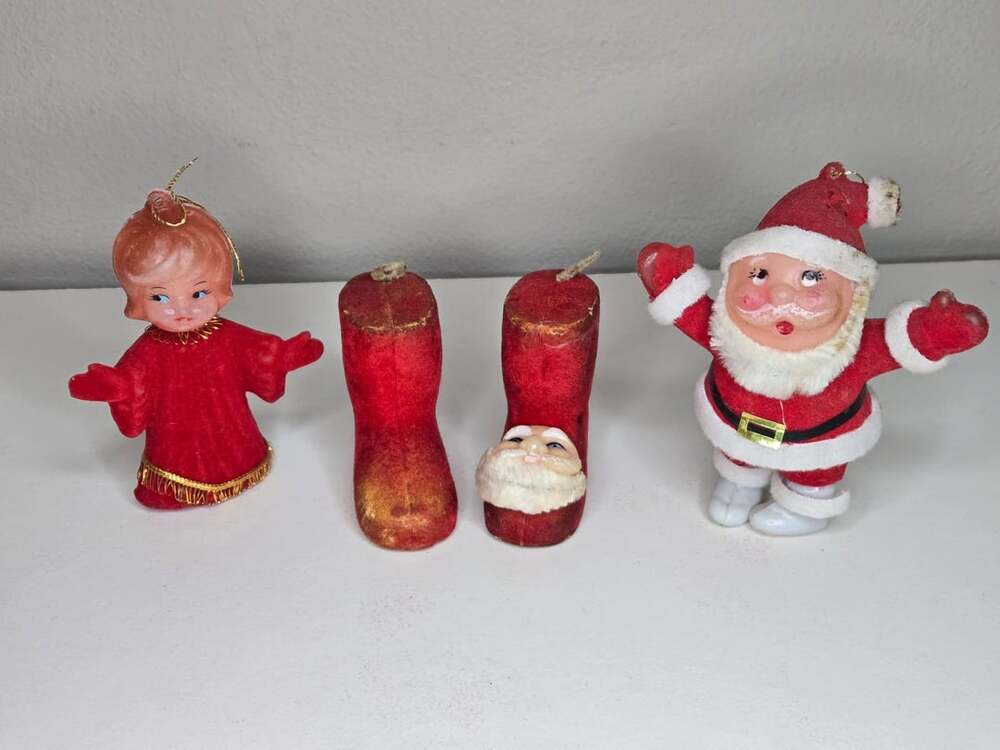 Vintage Flocked Santa Angel And Boots Christmas Ornaments Lot Of 4